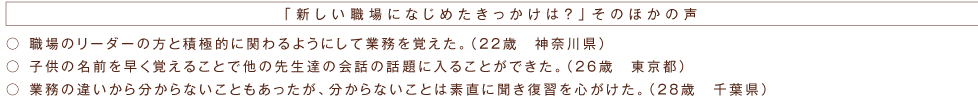 「新しい職場になじめたきっかけは？」そのほかの声　○ 職場のリーダーの方と積極的に関わるようにして業務を覚えた。（22歳　神奈川県）○ 子供の名前を早く覚えることで他の先生達の会話の話題に入ることができた。（26歳　東京都）○ 業務の違いから分からないこともあったが、分からないことは素直に聞き復習を心がけた。（28歳　千葉県）